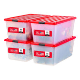IRIS USA 91 qt red front packaging showing set of four bins for organized storage