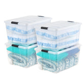 IRIS USA 94-quart front packaging showing clear tote and lid, easy identification benefit