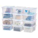 IRIS USA front view of 12-pack clear bins showing neat storage benefit