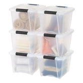 IRIS USA front packaging showing six clear stackable storage bins for easy organizing