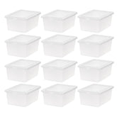 IRIS USA front view of 15 qt clear bins showing tidy storage benefit