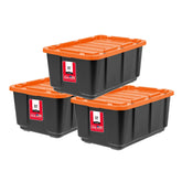 IRIS USA front view of three orange 27-gallon totes showing size and color benefit