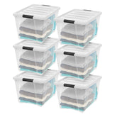 IRIS USA front view of six-pack clear bins showing contents and lids for quick sorting