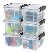 IRIS USA front view of six clear 6-quart WEATHERPRO bins showing set benefit