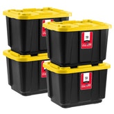 IRIS USA front view of 12 gallon tote showing black body and yellow lid for organized storage