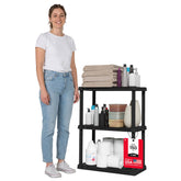 IRIS USA front view of the black 3-tier shelf showing compact storage benefit