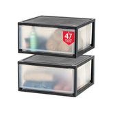 IRIS USA front view of black stacking drawer organizer shows neat storage benefit