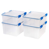 IRIS USA front view of four WEATHERPRO bins showing clear bodies and blue lids, organized storage benefit