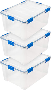 IRIS USA front view of 3-pack WEATHERPRO bins showing clear bodies and blue lids, organizes spaces