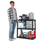 IRIS USA front view of three-tier black shelf showing sturdy storage benefit