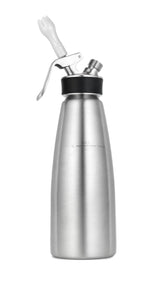 iSi front view of whipper showing stainless bottle and black accents, professional presentation