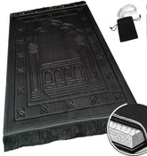 Islamika front view of black prayer rug showing elegant motif and comfortable padding