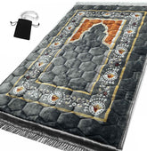 Islamika front view of grey prayer rug showing pattern and size benefit