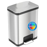 iTouchless Airstep front view stainless steel bin shows sleek finish and space saving design