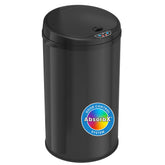 iTouchless front view of black steel bin showing sleek design and hygiene benefit