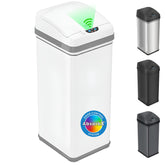 iTouchless front view matte white bin showcasing sleek modern look and space-saving shape