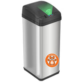iTouchless front view stainless steel trash can showing fingerprint-proof finish and modern look