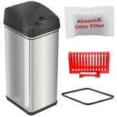 iTouchless front view stainless steel bin showing sleek finish and easy access