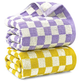 Jacquotha checkered front view showing yellow and lilac towels and modern style