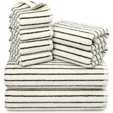 Jacquotha front view of black and ivory towel set showing stylish stripes and cohesive look