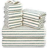Jacquotha front packaging showing green striped towel set and neat fold benefit