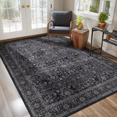 Jainmy front view of 5x7 rug showing vintage midnight tones and farmhouse appeal for versatile rooms