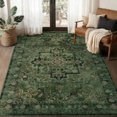 Jainmy front view of vintage dark green rug shows pattern and curb appeal