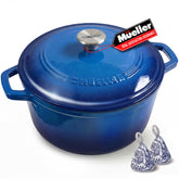 JANSKA Mueller front view showing aqua Dutch oven and even heat benefit