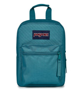 JanSport lunch bag front view showing emerald pool color and zip pocket, durable and stylish