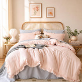 JANZAA blush pink comforter front view showing cozy ruffles and warmth