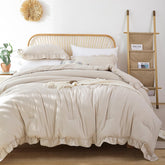 JANZAA front view of beige comforter on queen bed showing cozy style