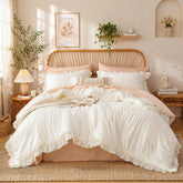 JANZAA cream white comforter front view showing cozy ruffles and neat drape