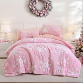 JANZAA front view queen comforter showing pink velvet and decorative snowflakes for cozy decor