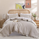 JANZAA comforter front view showing oatmeal color and soft ruffles for cozy look