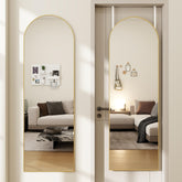 JAWGLOW arched full-length mirror front view showing gold frame and clear reflection benefit