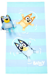Jay Franco Bluey & Bingo towel and buddy displayed front view, fun bath set