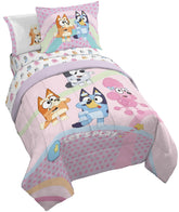 Jay Franco front view showing Bluey and Bingo on pink comforter and coordinated sheets, bright bedroom appeal