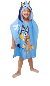 Jay Franco Bluey poncho front view showing full character print and coverage benefit