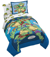 Jay Franco front view of TMNT twin set showcasing full comforter and sheets, vibrant decor benefit
