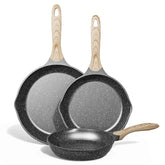 JEETEE front view of the 3-piece pan set showing sizes and nonstick finish benefit