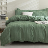JELLYMONI front view of duvet cover set showing green striped tufting and neat finish