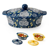 Jemirry front view of blue ceramic casserole showing oven-ready design and serving appeal