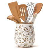 Jemirry front view of brown floral ceramic crock adds organized charm