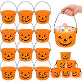 Jenaai front view of 12 orange pumpkin buckets showing festive faces and capacity