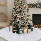 Jenaai front view of white faux fur tree skirt showcasing plush coverage