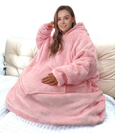 JFUJFU front view pink hoodie blanket showing roomy fit and comfort