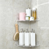 JiePai front view of corner caddy showing clear storage and tidy bottles