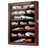 Jinchuan cherry wood front view showing organized pocket knife display and protection