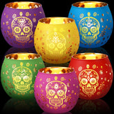 Jingmore front view showing six multicolor sugar skull glass votive holders, festive appeal