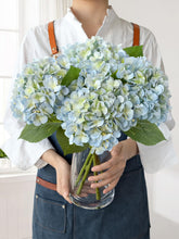 JINWOE front view of four light blue hydrangea stems showing full realistic bouquet benefit